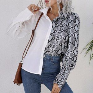 Snakeskin Print Button Through Bishop Sleeve Blous